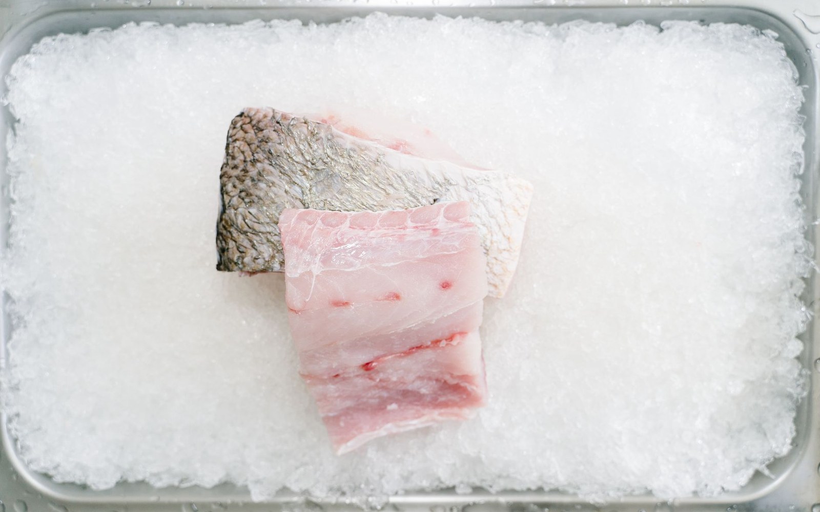 Raw fish fillets with skin resting on crushed ice in a metal tray