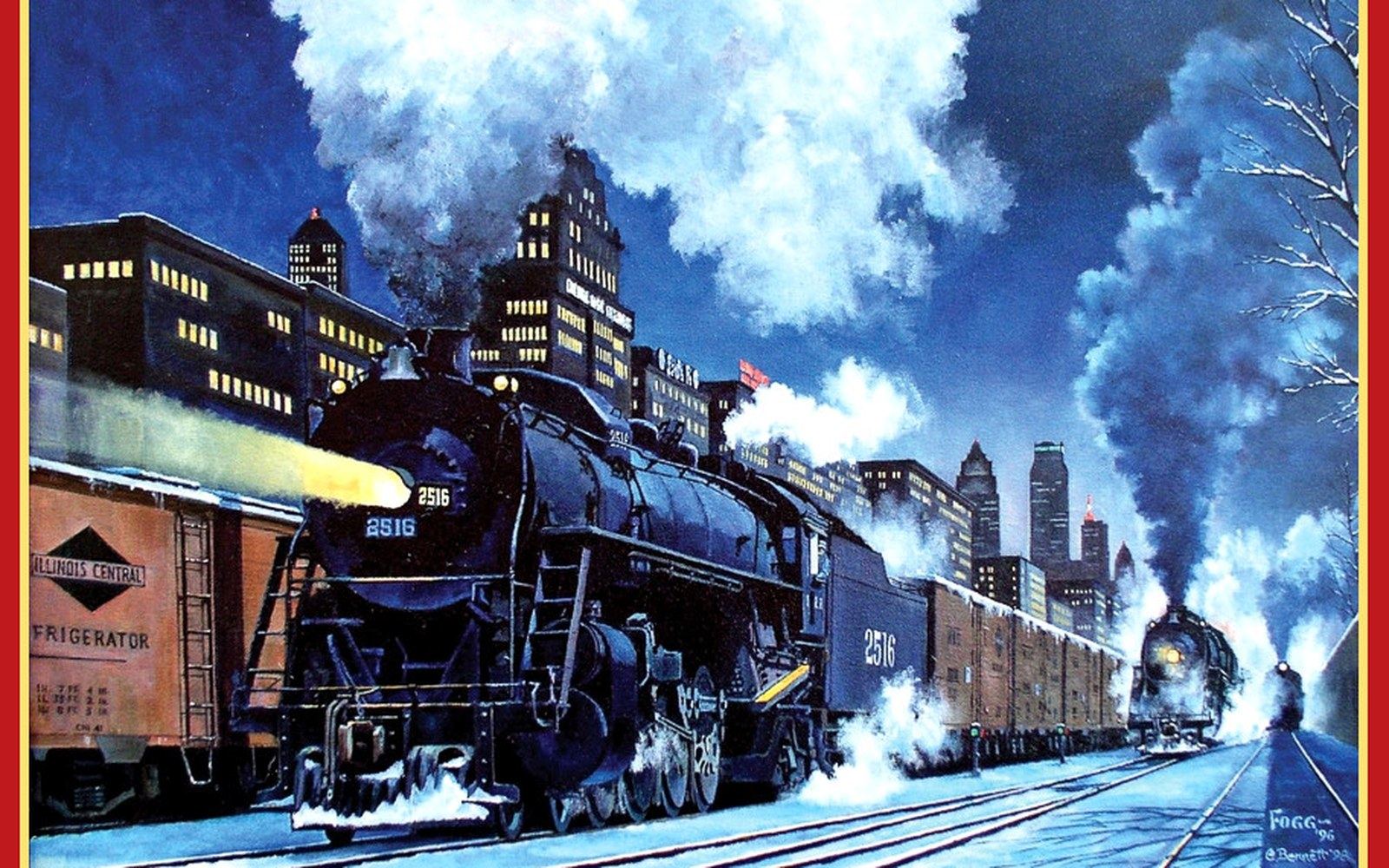 Illustration of Illinois Central steam locomotive number 2516 pulling freight cars through a lit city skyline at night